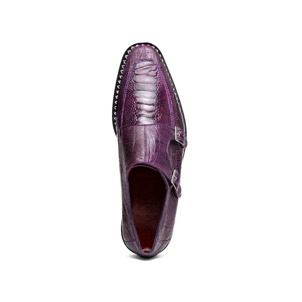 The Marco Di Milano Napoli Purple dress shoes feature genuine ostrich leather, a double monk strap, and textured detailing, with one shoe shown on its side to highlight the sole.