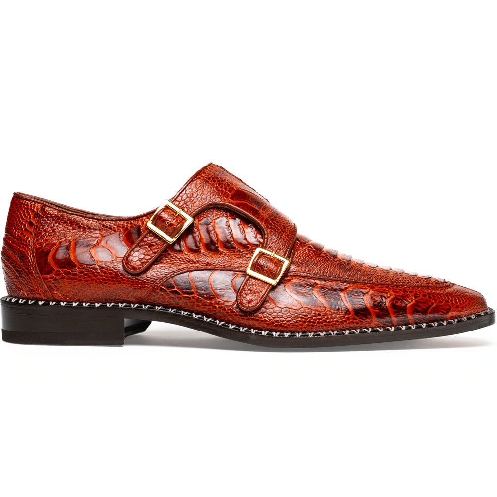 A pair of Marco Di Milano Napoli Rustic Cognac double monk strap dress shoes in genuine ostrich leg leather, with one shoe upright and the other on its side to show the sole.