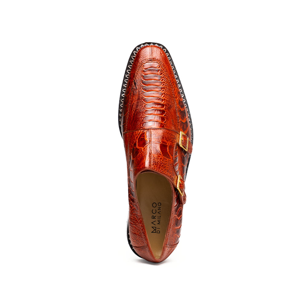 A pair of Marco Di Milano Napoli Rustic Cognac double monk strap dress shoes in genuine ostrich leg leather, with one shoe upright and the other on its side to show the sole.