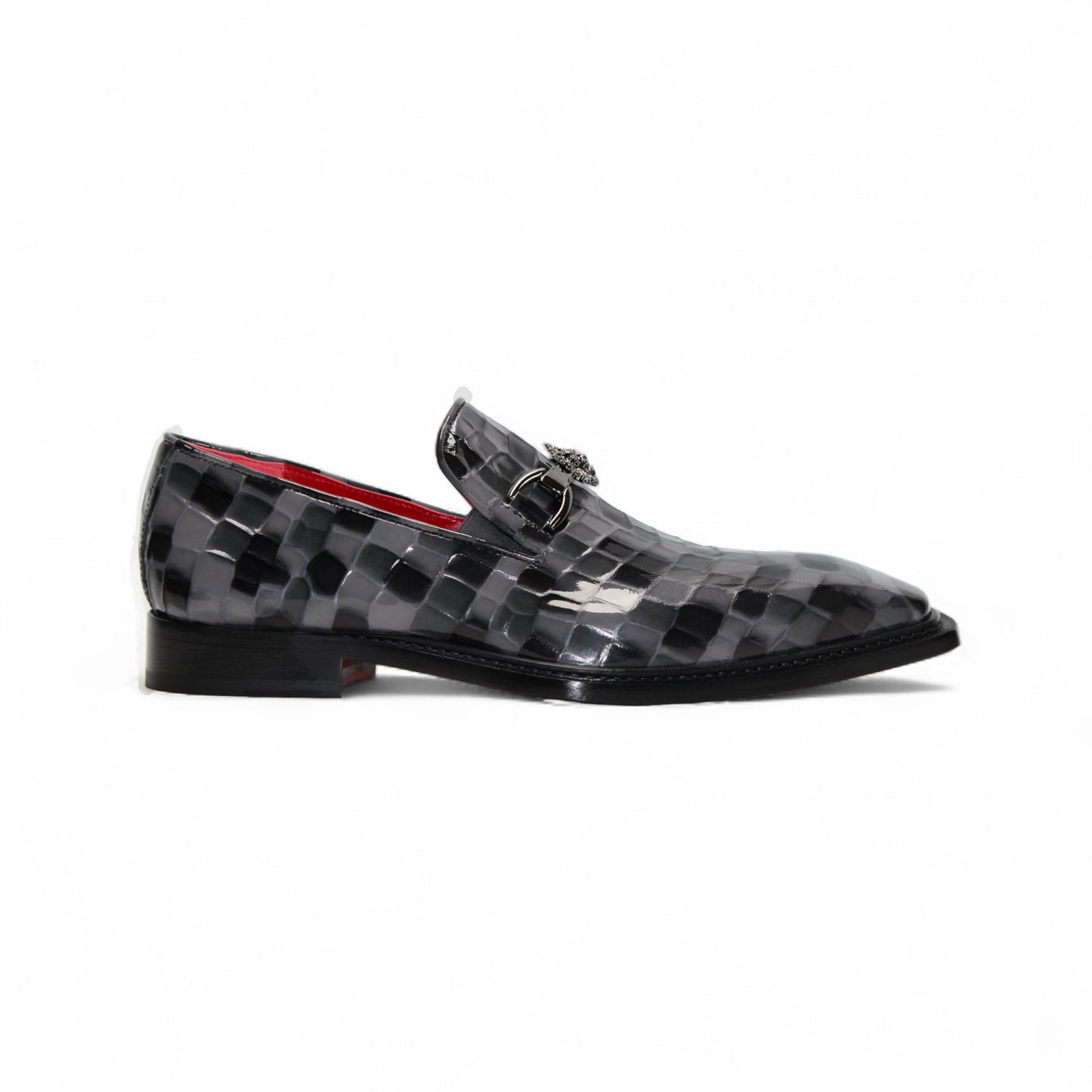 The Emilio Franco Couture Narciso Grey Combo is a black and grey checkered luxury dress shoe with a low heel, pointed toe, decorative metal buckle, and croco multi print style, shown in profile on a white background.