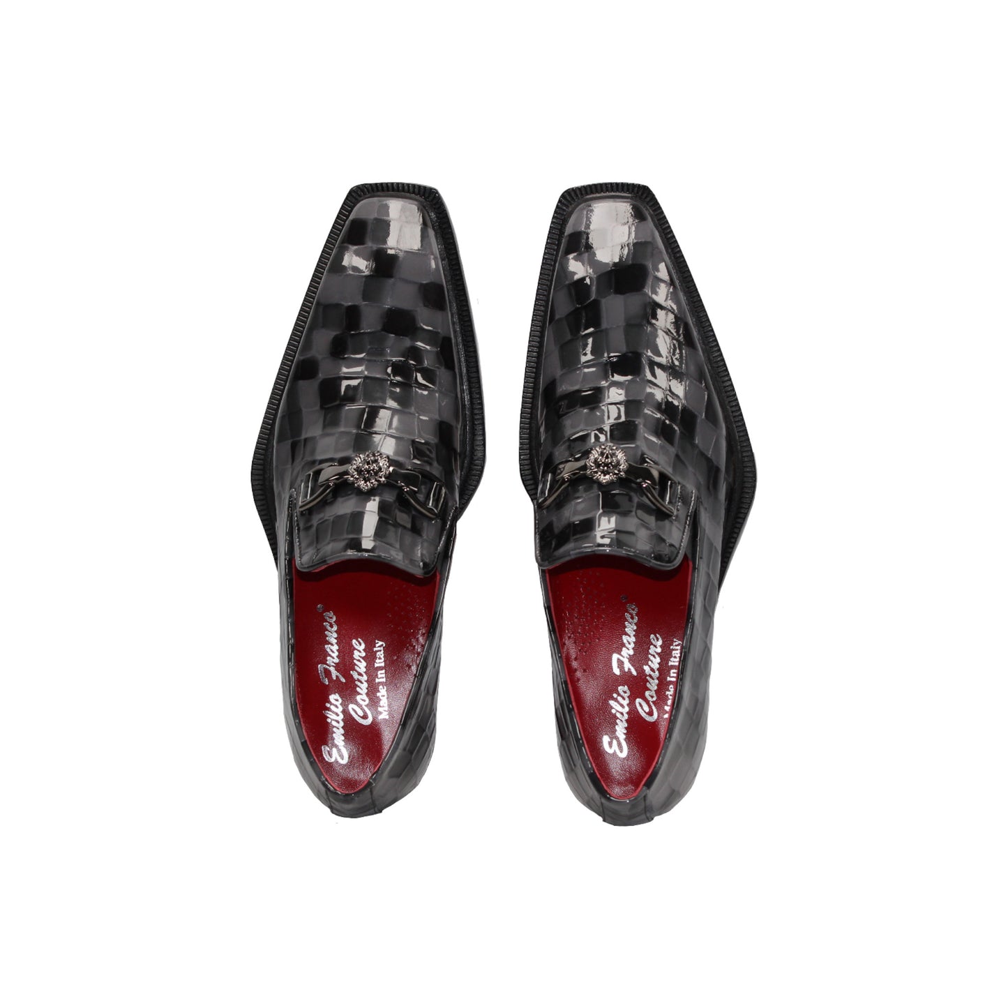 The Emilio Franco Couture Narciso Grey Combo is a black and grey checkered luxury dress shoe with a low heel, pointed toe, decorative metal buckle, and croco multi print style, shown in profile on a white background.