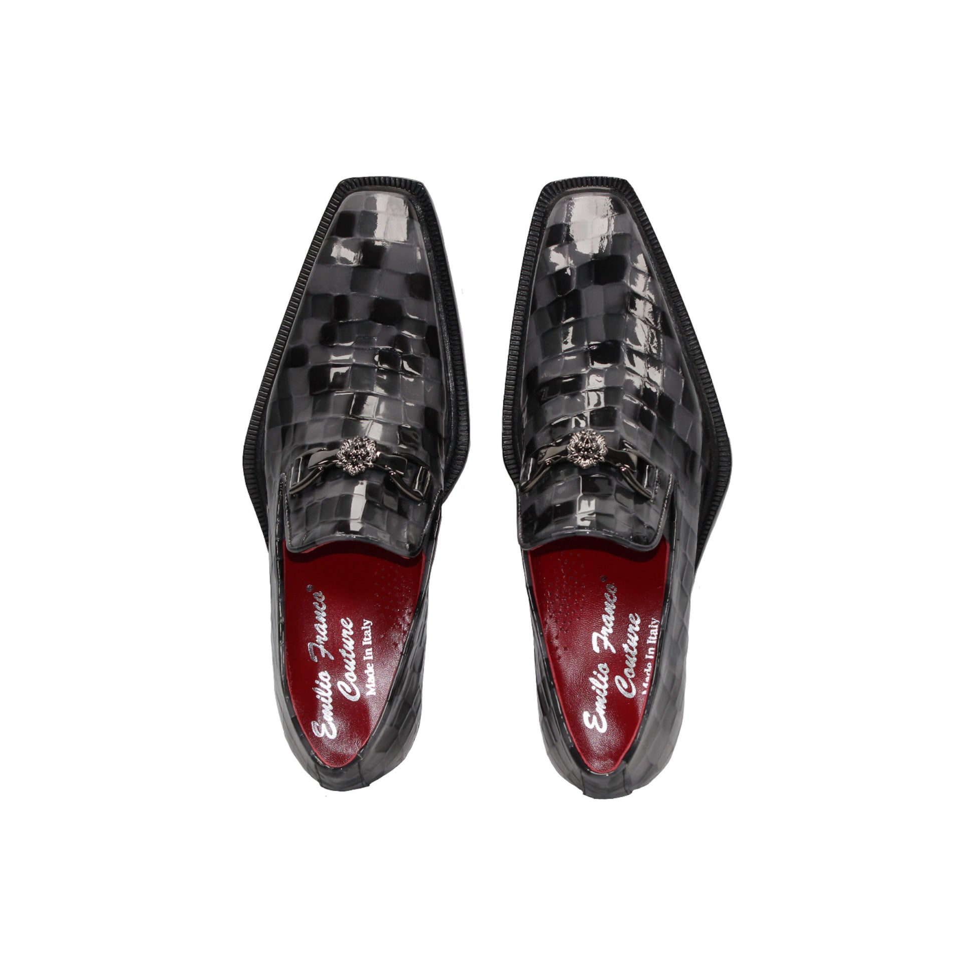 The Emilio Franco Couture Narciso Grey Combo is a black and grey checkered luxury dress shoe with a low heel, pointed toe, decorative metal buckle, and croco multi print style, shown in profile on a white background.