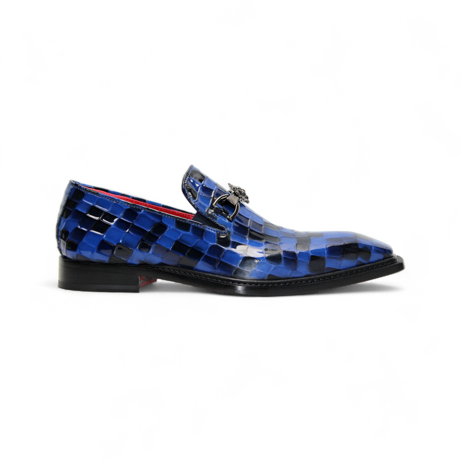 The Emilio Franco Couture Narciso Navy Combo loafer features blue and black checkered Italian patent leather, a silver buckle, and red interior trim—striking designer footwear from Emilio Franco Couture, shown in side profile on a white background.