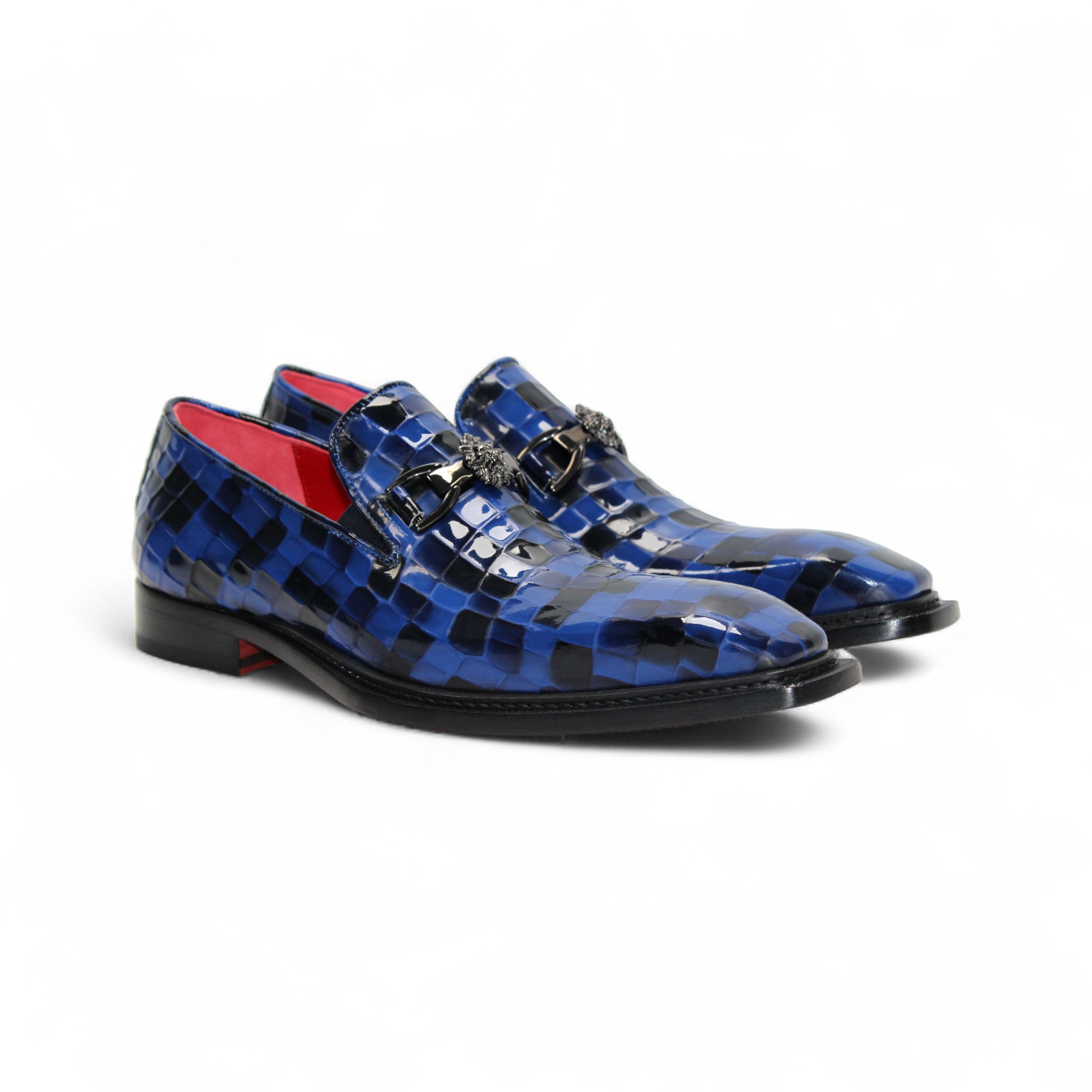 The Emilio Franco Couture Narciso Navy Combo loafer features blue and black checkered Italian patent leather, a silver buckle, and red interior trim—striking designer footwear from Emilio Franco Couture, shown in side profile on a white background.