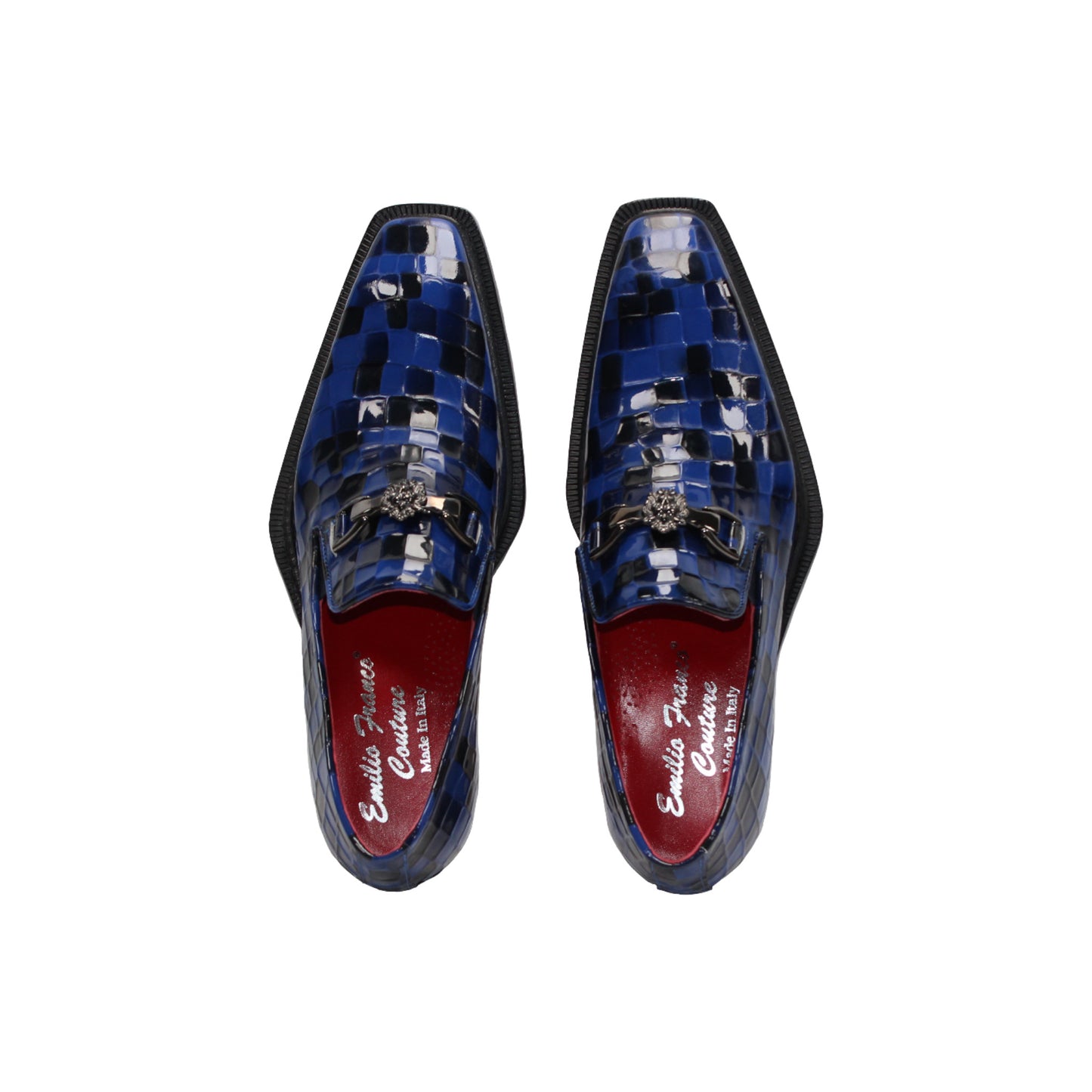 The Emilio Franco Couture Narciso Navy Combo loafer features blue and black checkered Italian patent leather, a silver buckle, and red interior trim—striking designer footwear from Emilio Franco Couture, shown in side profile on a white background.
