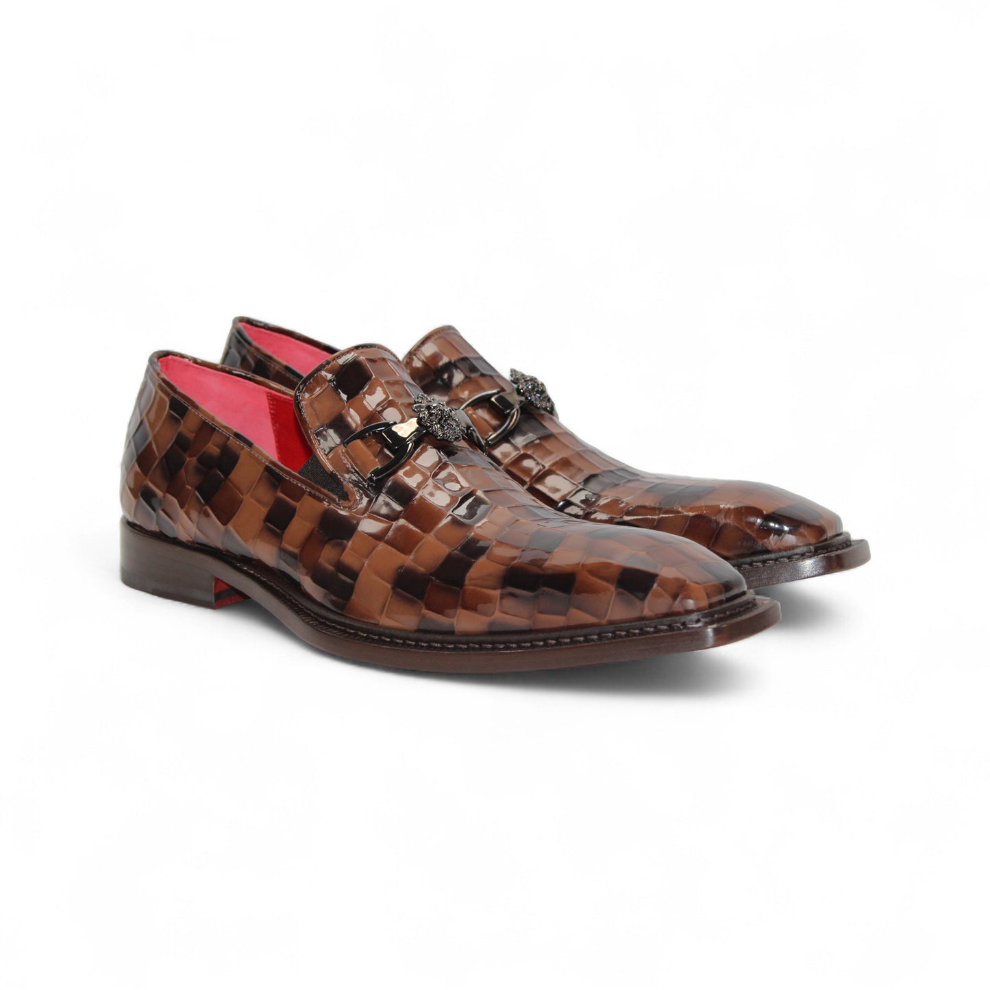 The Emilio Franco Couture Narciso Chocolate Combo loafer features a brown checkered croco print leather, decorative metal buckle, low heel, red lining, and is shown in side profile on a white background.