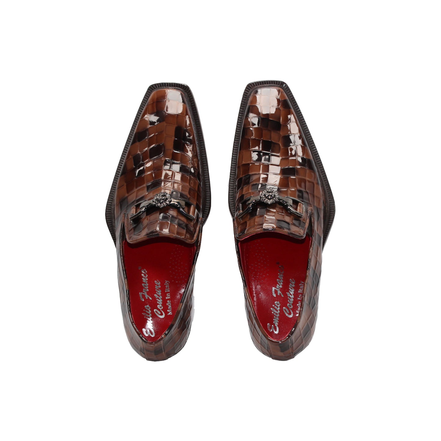 The Emilio Franco Couture Narciso Chocolate Combo loafer features a brown checkered croco print leather, decorative metal buckle, low heel, red lining, and is shown in side profile on a white background.