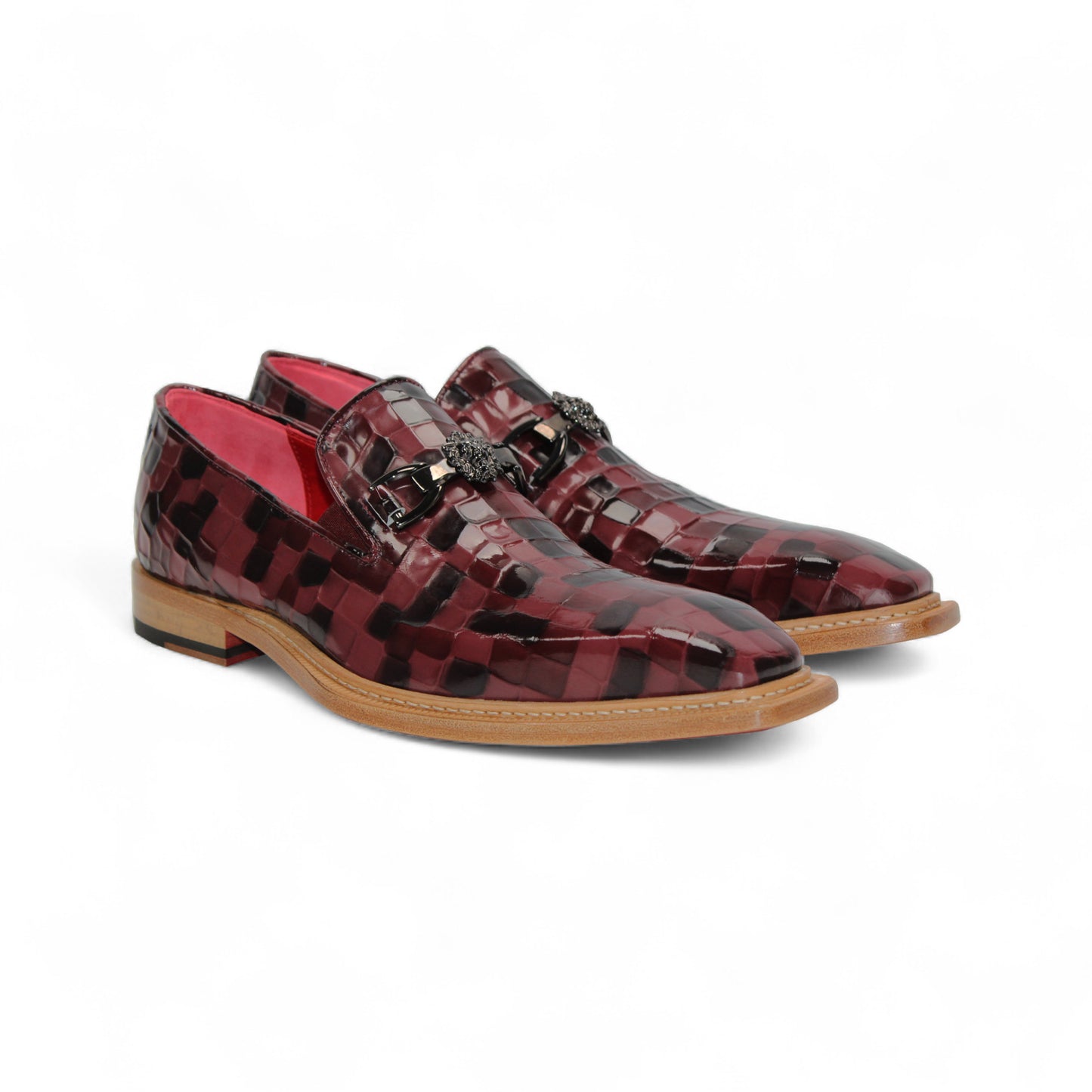 The Emilio Franco Couture Narciso Burgundy Combo loafer features a burgundy and black checkered leather design, Italian patent style, metal detail on the upper, low wooden heel, and bold red interior lining.