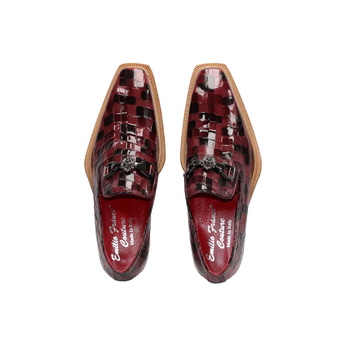 The Emilio Franco Couture Narciso Burgundy Combo loafer features a burgundy and black checkered leather design, Italian patent style, metal detail on the upper, low wooden heel, and bold red interior lining.