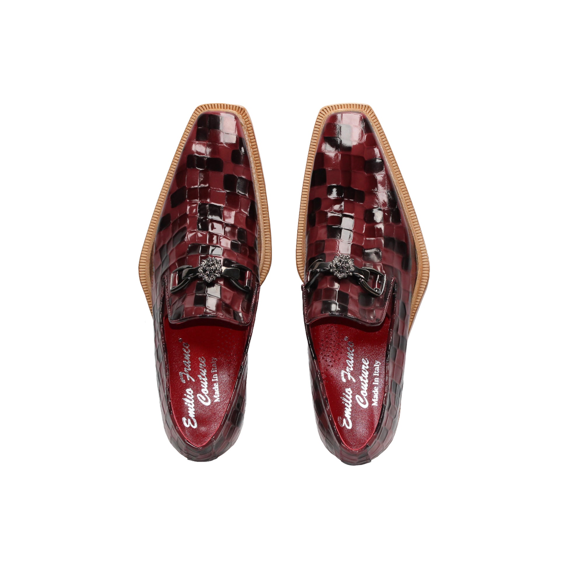 The Emilio Franco Couture Narciso Burgundy Combo loafer features a burgundy and black checkered leather design, Italian patent style, metal detail on the upper, low wooden heel, and bold red interior lining.