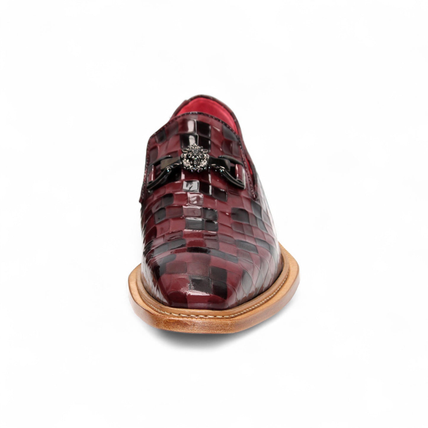The Emilio Franco Couture Narciso Burgundy Combo loafer features a burgundy and black checkered leather design, Italian patent style, metal detail on the upper, low wooden heel, and bold red interior lining.