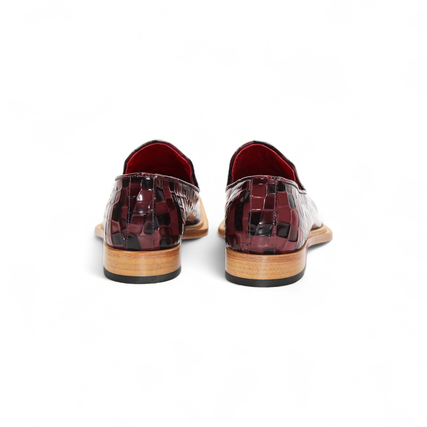 The Emilio Franco Couture Narciso Burgundy Combo loafer features a burgundy and black checkered leather design, Italian patent style, metal detail on the upper, low wooden heel, and bold red interior lining.
