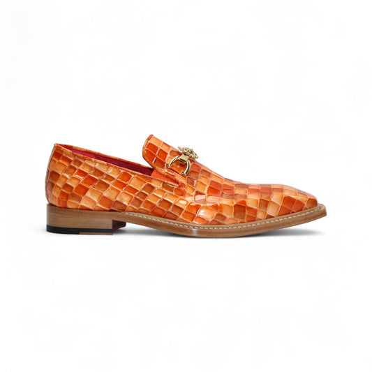 The Emilio Franco Couture "Narciso" Orange Combo Shoe, a woven leather loafer with gold buckle and low wooden heel crafted in Italy, is displayed on a white background.