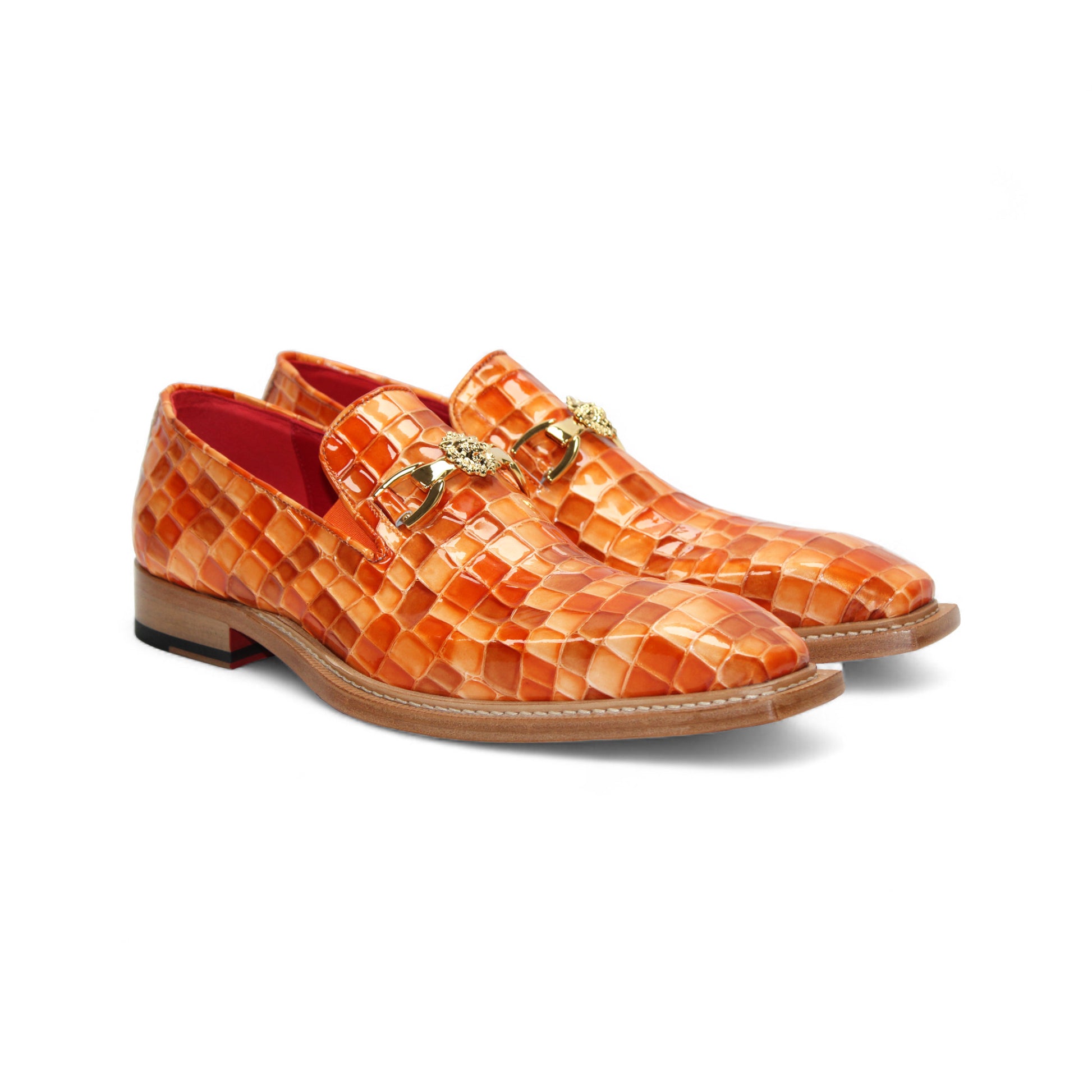 The Emilio Franco Couture Narciso Orange Combo loafer features orange woven leather, a gold buckle detail, and a low wooden heel—this bold designer shoe by Emilio Franco Couture stands out against a plain white background.