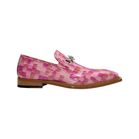 The Emilio Franco Couture "Narciso" Pink Combo Shoes are pink checkered loafers in Patent Croco leather with a silver upper detail and brown sole, shown on a white background.