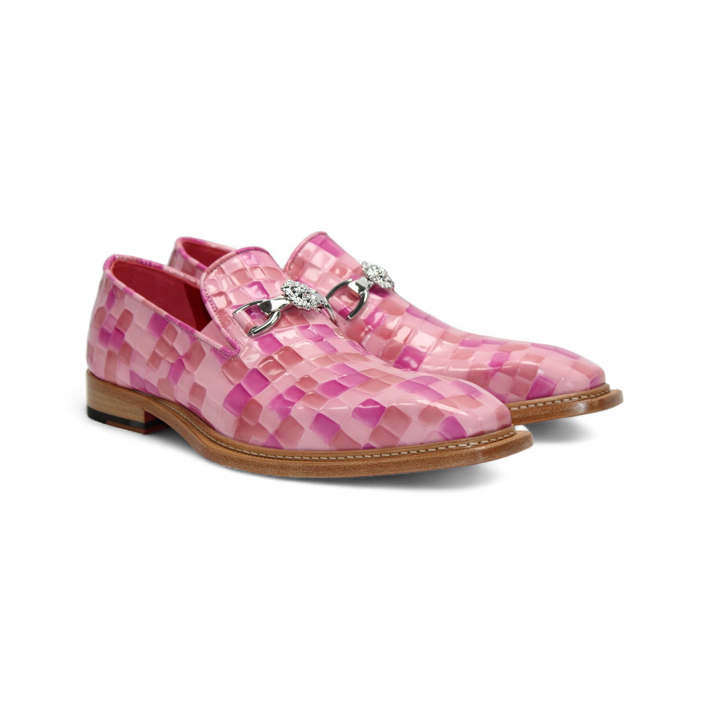 The Emilio Franco Couture Narciso Pink Combo loafer by Emilio Franco Couture features a pink and light purple checkered upper, wooden sole, and silver accent, shown in profile against a white background.