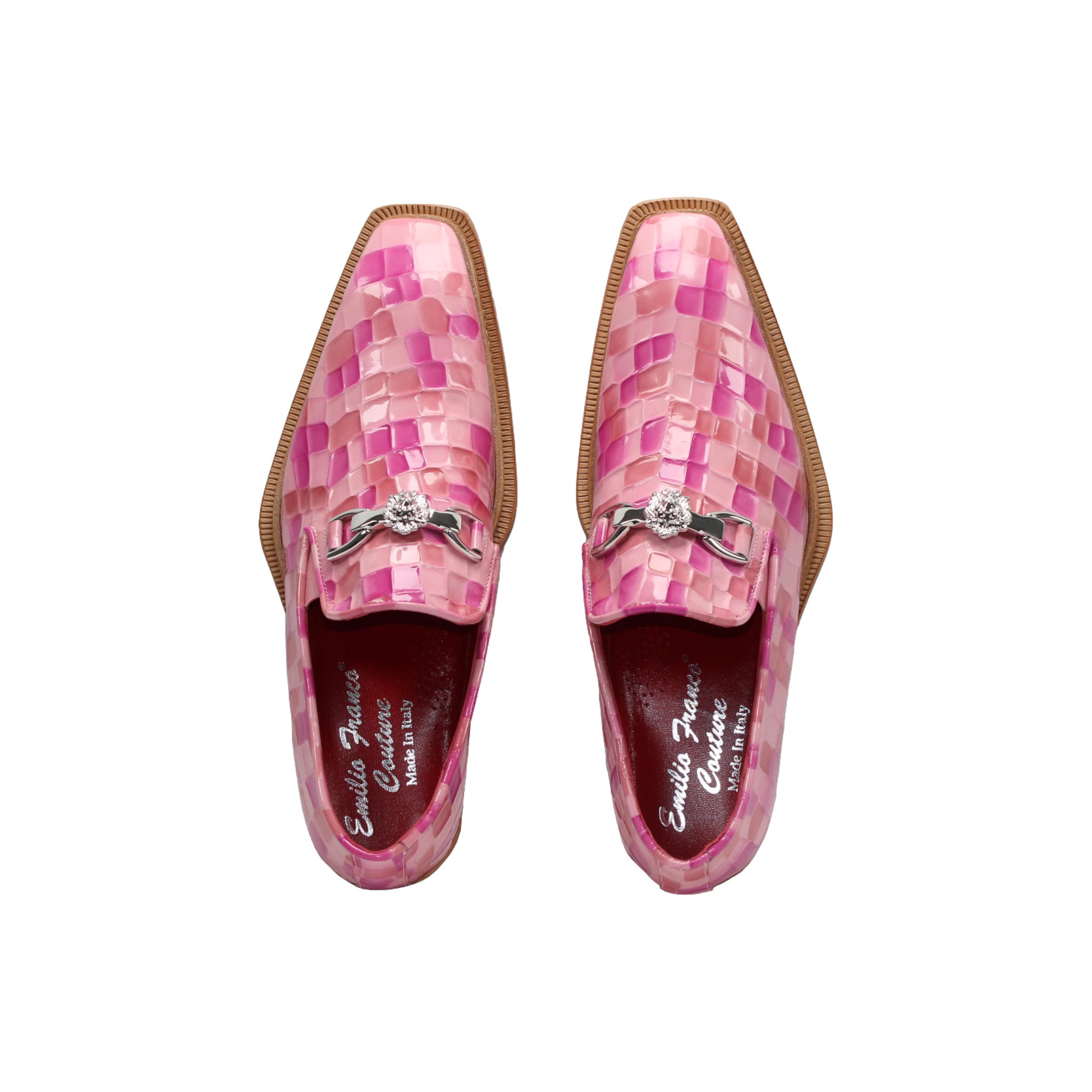 The Emilio Franco Couture Narciso Pink Combo loafer by Emilio Franco Couture features a pink and light purple checkered upper, wooden sole, and silver accent, shown in profile against a white background.