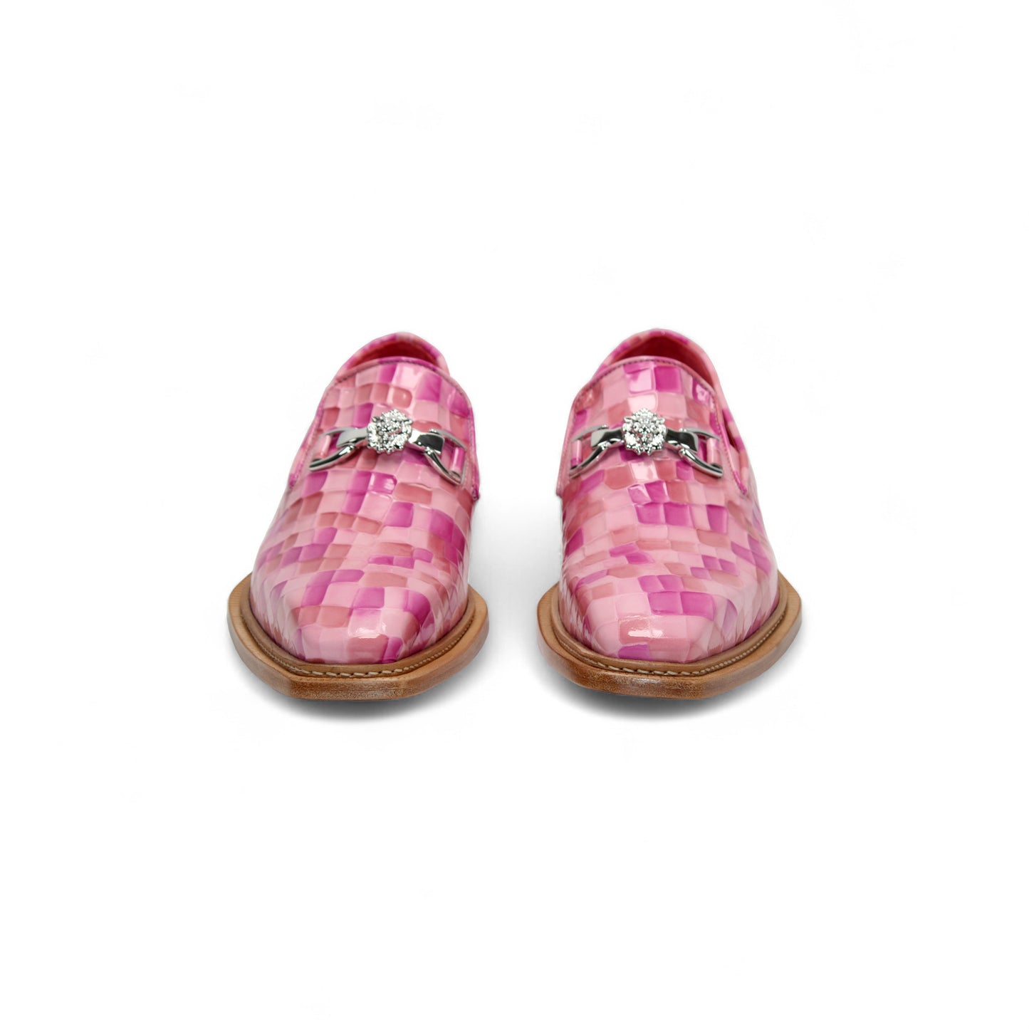 The Emilio Franco Couture Narciso Pink Combo loafer by Emilio Franco Couture features a pink and light purple checkered upper, wooden sole, and silver accent, shown in profile against a white background.