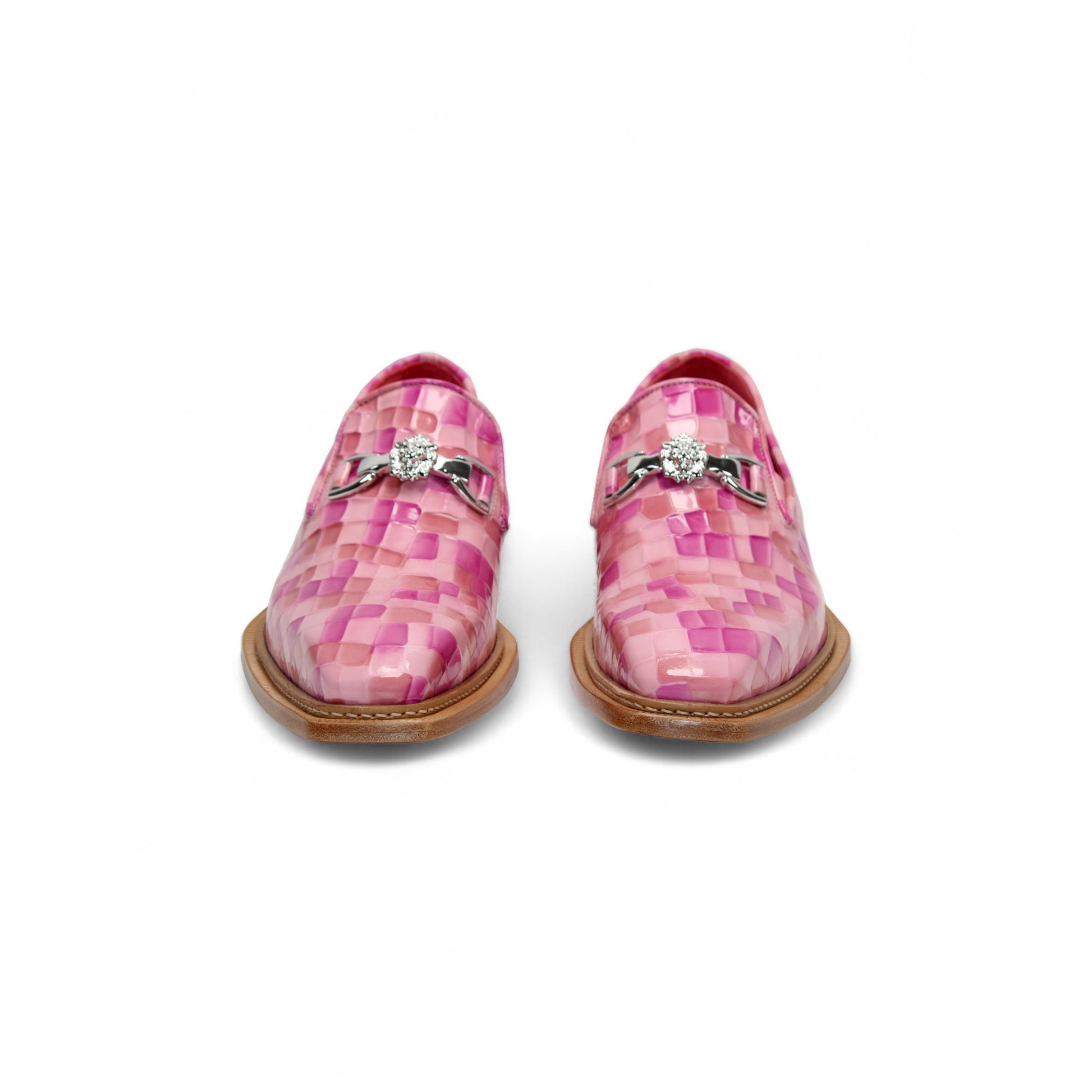 The Emilio Franco Couture Narciso Pink Combo loafer by Emilio Franco Couture features a pink and light purple checkered upper, wooden sole, and silver accent, shown in profile against a white background.