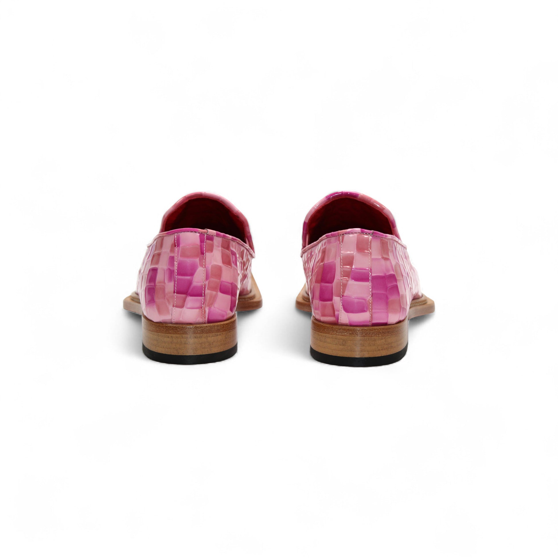 The Emilio Franco Couture Narciso Pink Combo loafer by Emilio Franco Couture features a pink and light purple checkered upper, wooden sole, and silver accent, shown in profile against a white background.