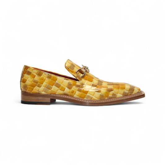 Emilio Franco Couture "Narciso" Yellow Combo Shoes feature a textured yellow and gold design with a leather bottom, wooden sole, and metal horsebit detail, shown on a white background.