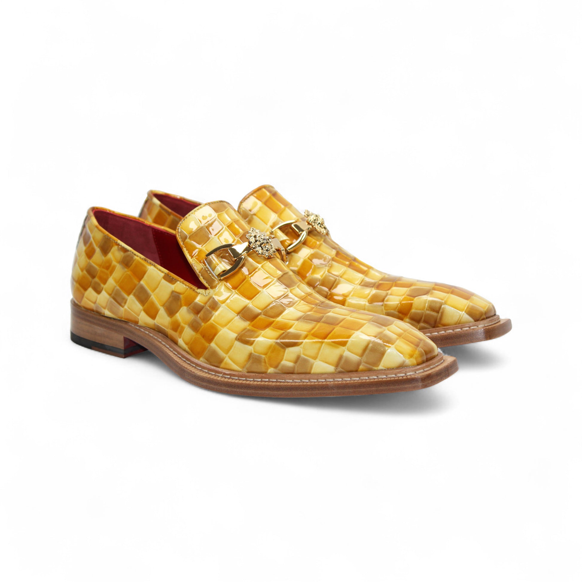 Emilio Franco Couture Narciso Yellow Combo loafer by Emilio Franco Couture features a yellow croco multi print, gold buckle detail, wooden sole, and low heel—perfect for bold designer footwear enthusiasts. Displayed on a white background.