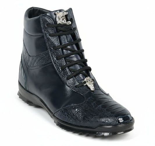 Los Altos HIGH TOP Navy Ostrich Boots: Handmade leather shoes with an ostrich leg-inspired texture, metal lion head lace accents. Available in USA and Mexico sizes. Model: ZC120510.
