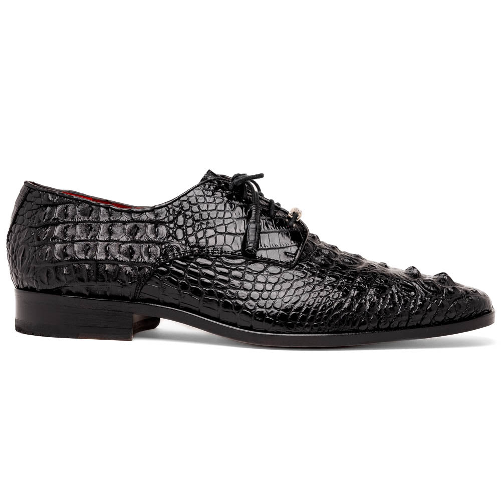 The Nilo Black by Marco Di Milano is a pair of luxury men's shoes made from polished black Nile crocodile skin with red inner lining and brown leather soles embossed with the brand name.