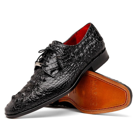 The Nilo Black by Marco Di Milano is a pair of luxury men's shoes made from polished black Nile crocodile skin with red inner lining and brown leather soles embossed with the brand name.