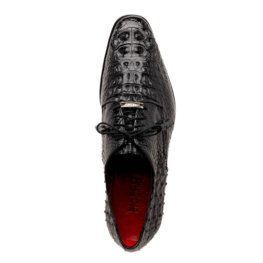 The Nilo Black by Marco Di Milano is a pair of luxury men's shoes made from polished black Nile crocodile skin with red inner lining and brown leather soles embossed with the brand name.