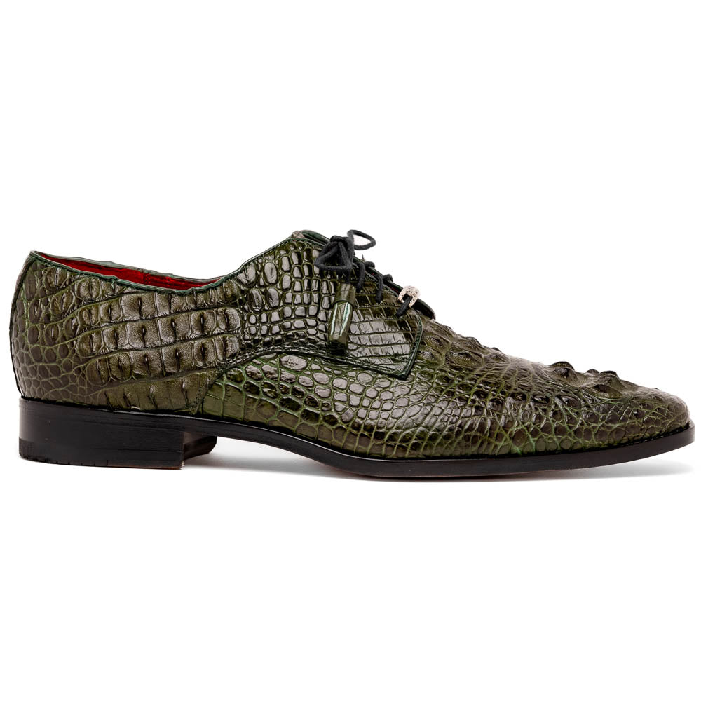 The Nilo Forest Green by Marco Di Milano is a luxury pair crafted from premium Nile crocodile skin in green, with black laces—one shoe upright, the other showing a branded brown leather sole.