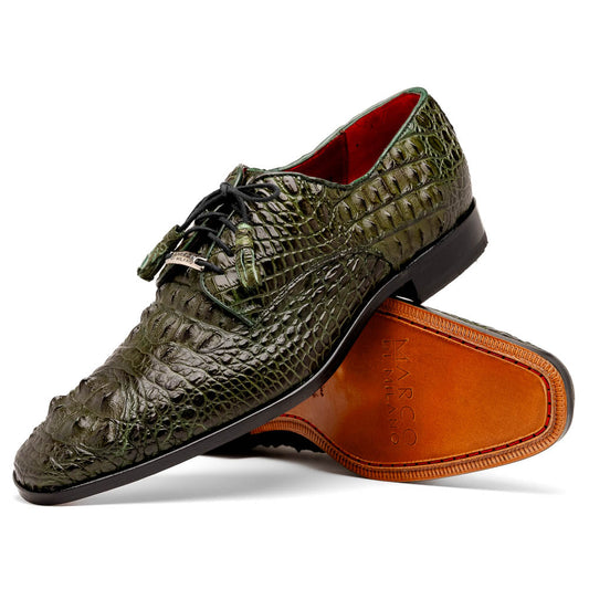 The Nilo Forest Green by Marco Di Milano is a luxury pair crafted from premium Nile crocodile skin in green, with black laces—one shoe upright, the other showing a branded brown leather sole.