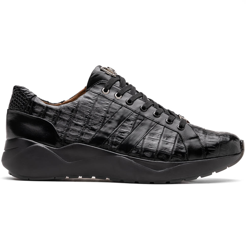 The Nino Black by Marco Di Milano: genuine black caiman crocodile sneakers with black laces and a textured rubber sole, one standing and one leaning, highlighting luxury footwear with a striking hand painted finish.