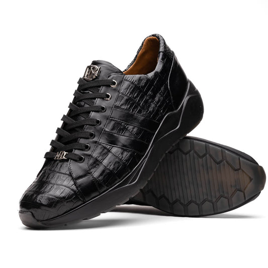 The Nino Black by Marco Di Milano: genuine black caiman crocodile sneakers with black laces and a textured rubber sole, one standing and one leaning, highlighting luxury footwear with a striking hand painted finish.