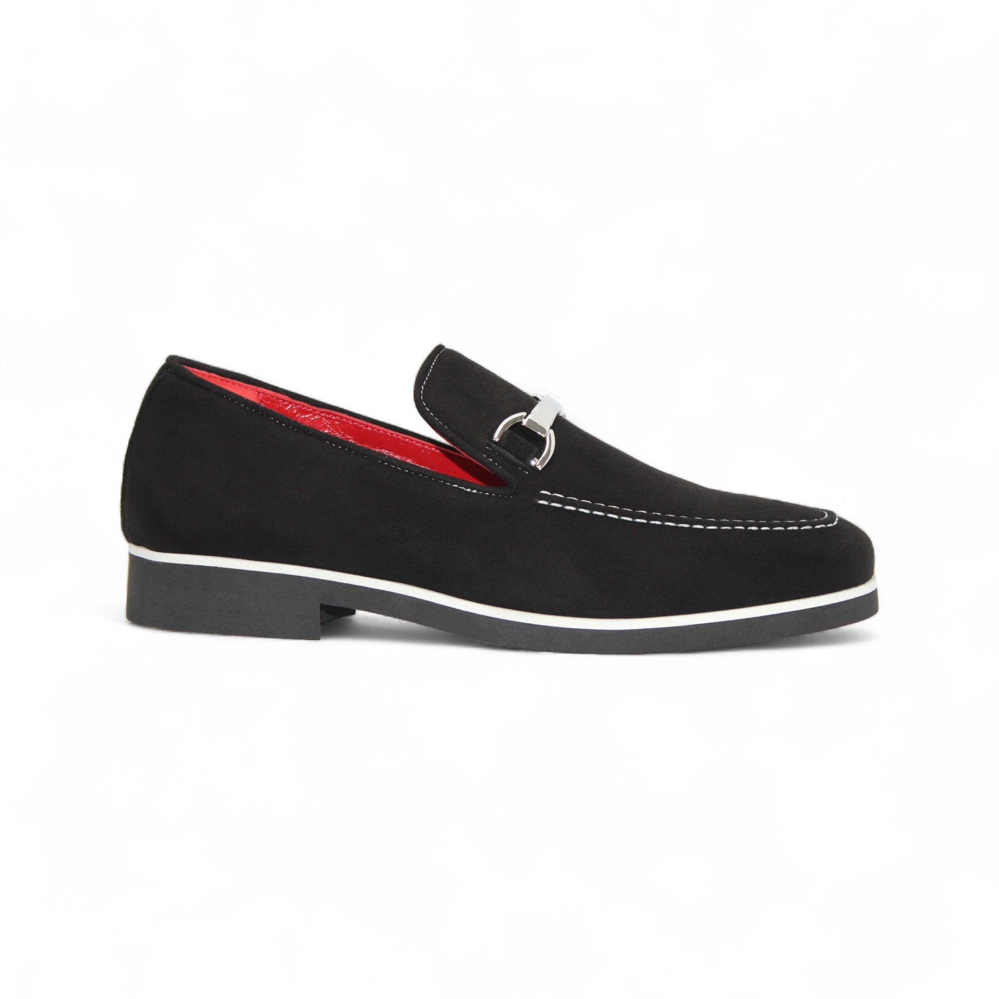 The Emilio Franco Nino II Black is a black Italian suede loafer with white stitching, silver buckle, low heel, and red interior lining—a luxurious Emilio Franco style for men.