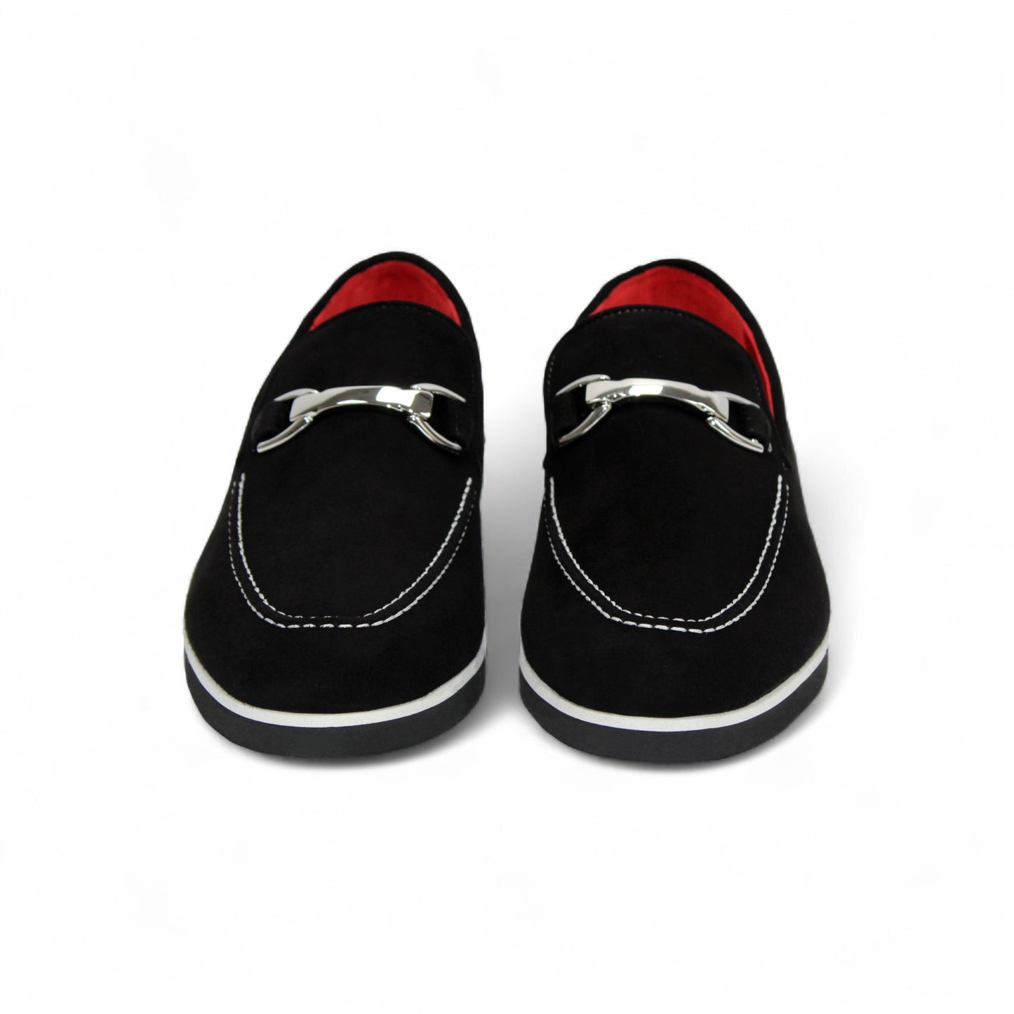 The Emilio Franco Nino II Black is a black Italian suede loafer with white stitching, silver buckle, low heel, and red interior lining—a luxurious Emilio Franco style for men.
