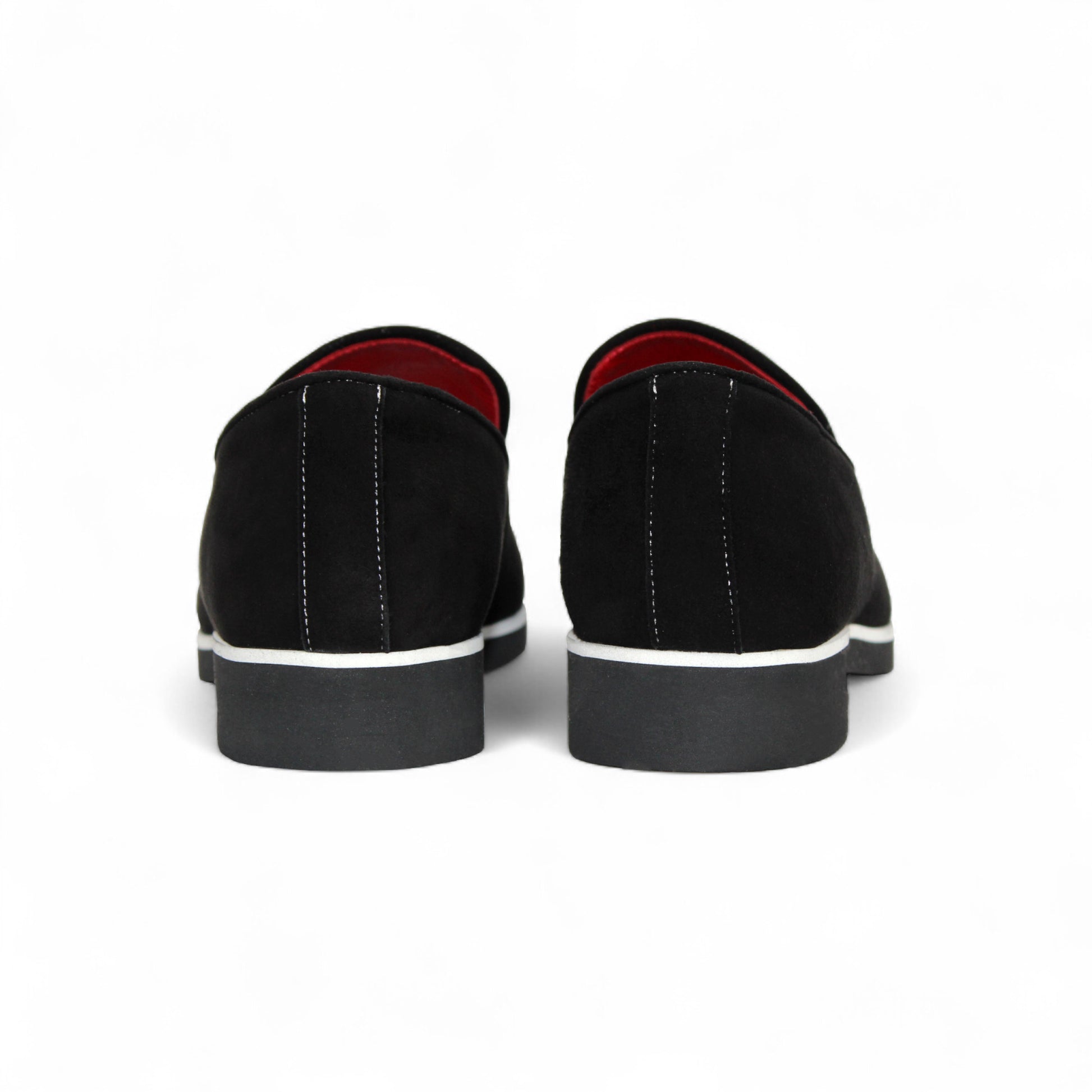 The Emilio Franco Nino II Black is a black Italian suede loafer with white stitching, silver buckle, low heel, and red interior lining—a luxurious Emilio Franco style for men.