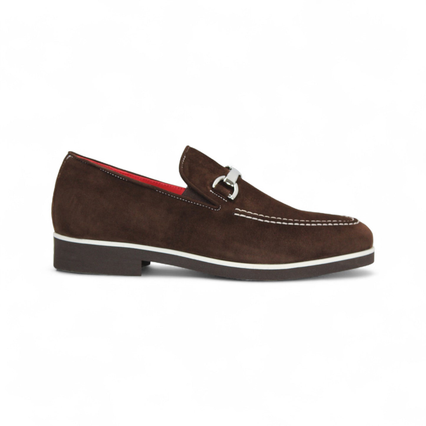 The Emilio Franco Nino II Dark Brown loafer by Emilio Franco features luxury Italian suede, a silver buckle detail, white stitching accents, and a flat dark sole.