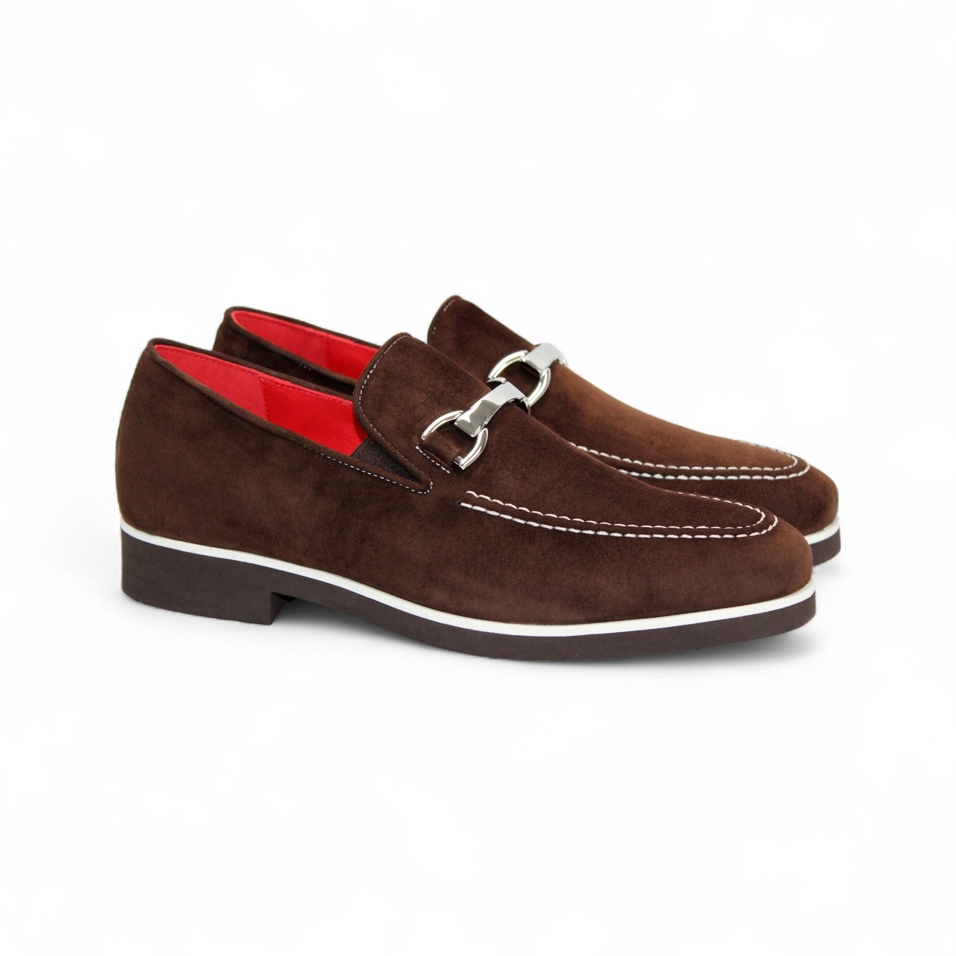 The Emilio Franco Nino II Dark Brown loafer by Emilio Franco features luxury Italian suede, a silver buckle detail, white stitching accents, and a flat dark sole.