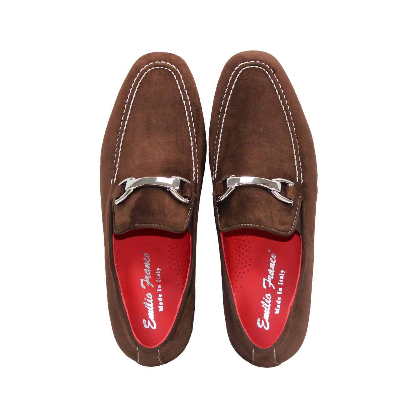 The Emilio Franco Nino II Dark Brown loafer by Emilio Franco features luxury Italian suede, a silver buckle detail, white stitching accents, and a flat dark sole.
