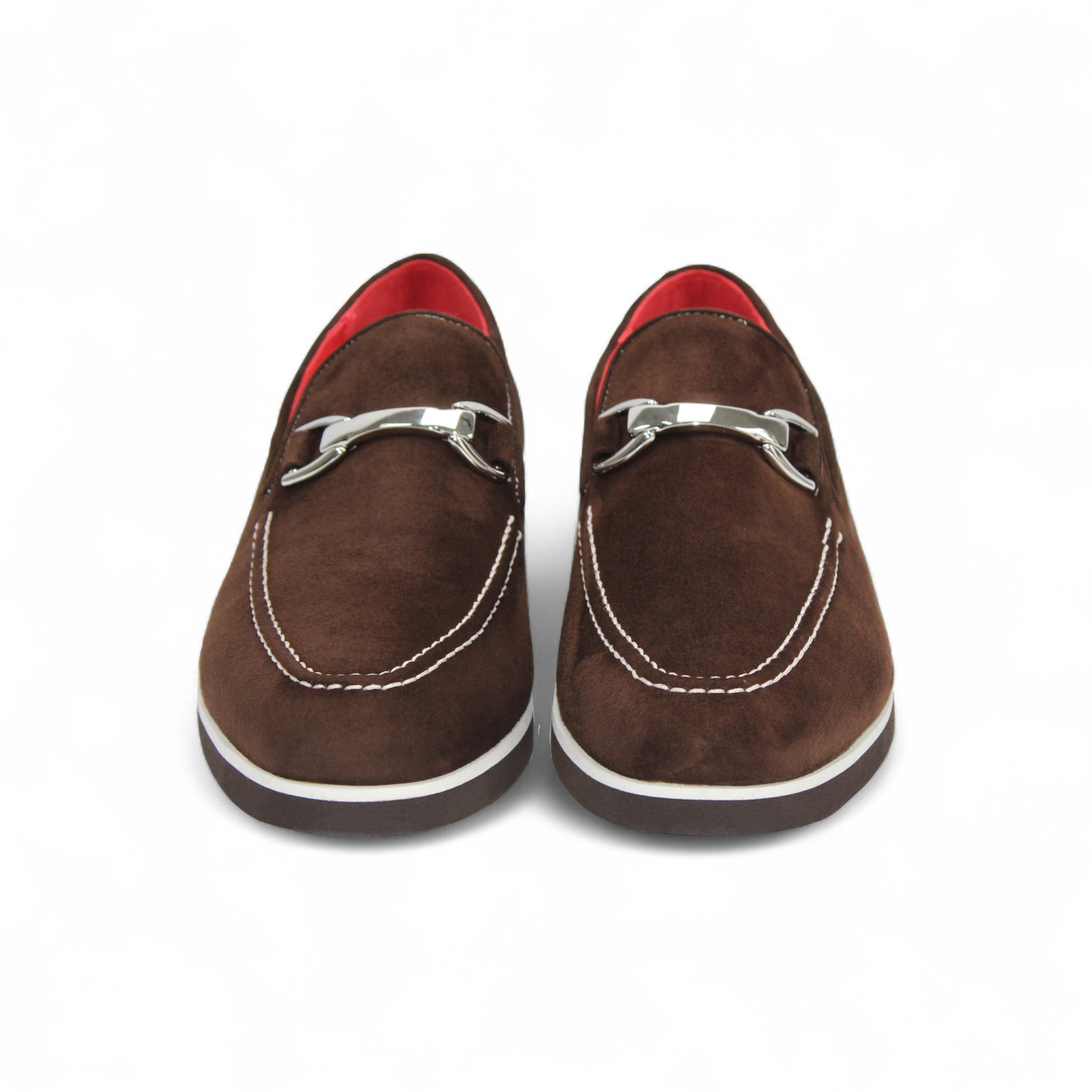 The Emilio Franco Nino II Dark Brown loafer by Emilio Franco features luxury Italian suede, a silver buckle detail, white stitching accents, and a flat dark sole.
