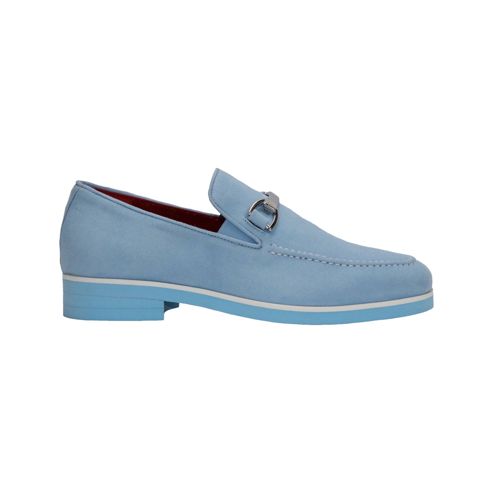 Emilio Franco Nino II Light Blue loafer in Italian suede features a silver buckle and matching blue sole, displayed side profile on white background—a standout from Emilio Franco’s vibrant men's shoe collection.