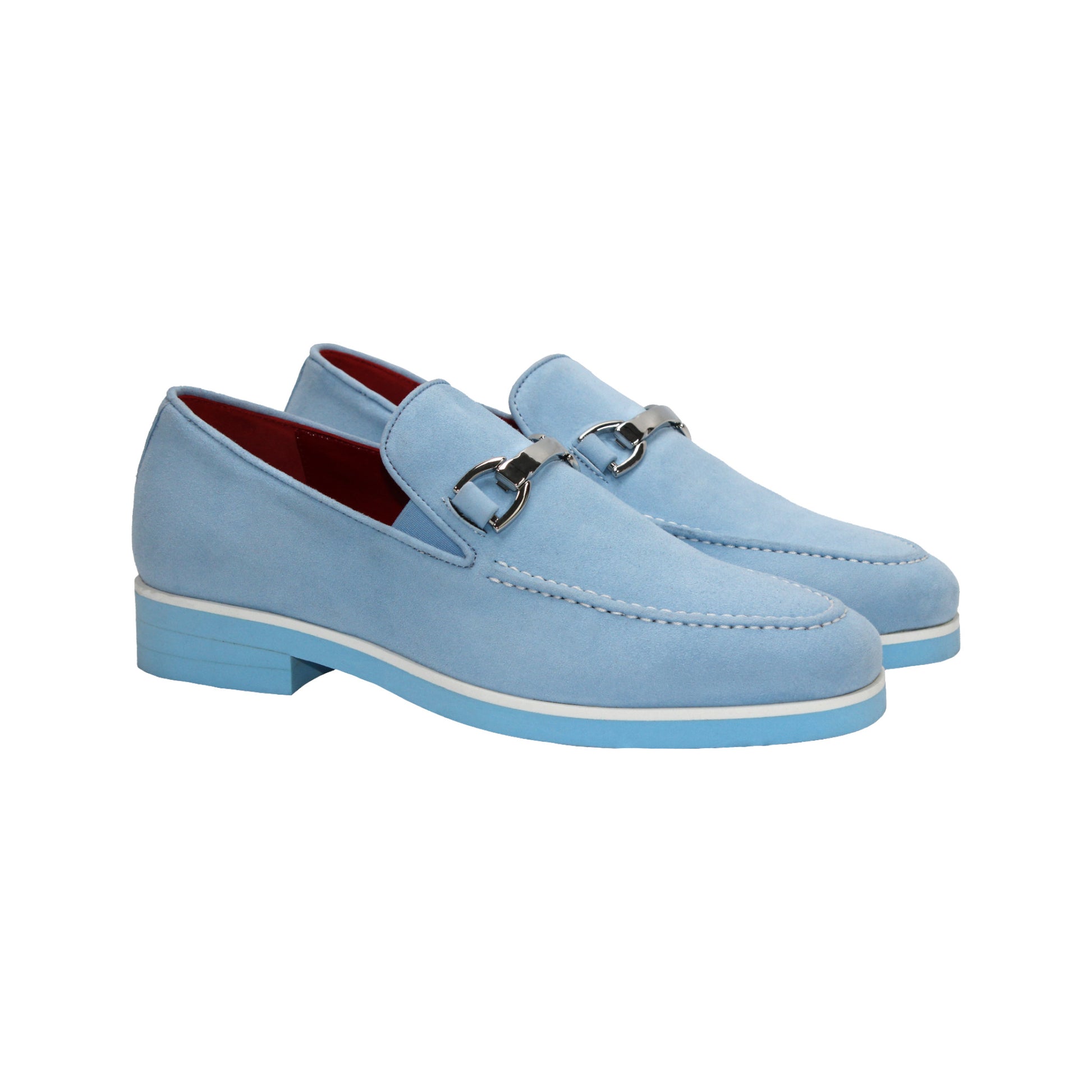 Emilio Franco Nino II Light Blue loafer in Italian suede features a silver buckle and matching blue sole, displayed side profile on white background—a standout from Emilio Franco’s vibrant men's shoe collection.