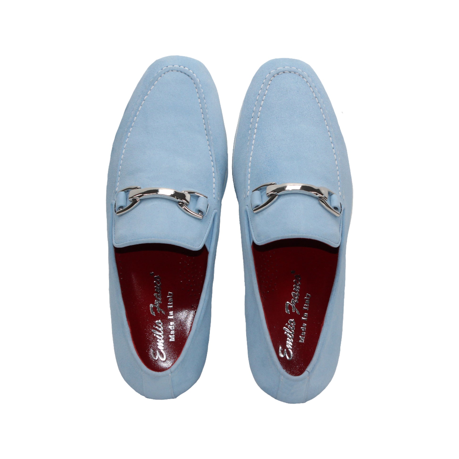 Emilio Franco Nino II Light Blue loafer in Italian suede features a silver buckle and matching blue sole, displayed side profile on white background—a standout from Emilio Franco’s vibrant men's shoe collection.