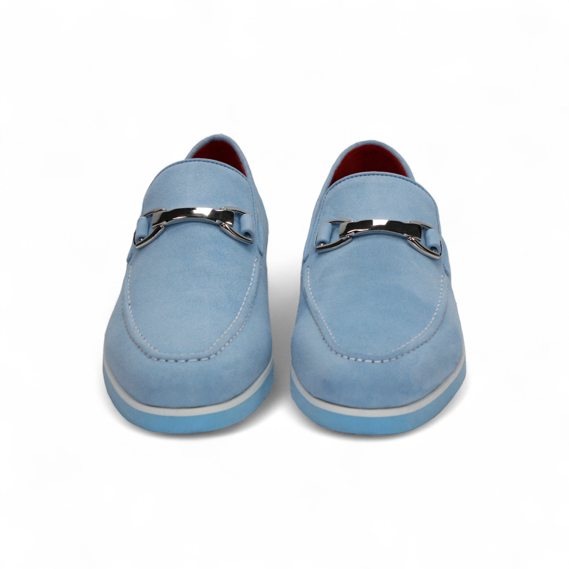 Emilio Franco Nino II Light Blue loafer in Italian suede features a silver buckle and matching blue sole, displayed side profile on white background—a standout from Emilio Franco’s vibrant men's shoe collection.