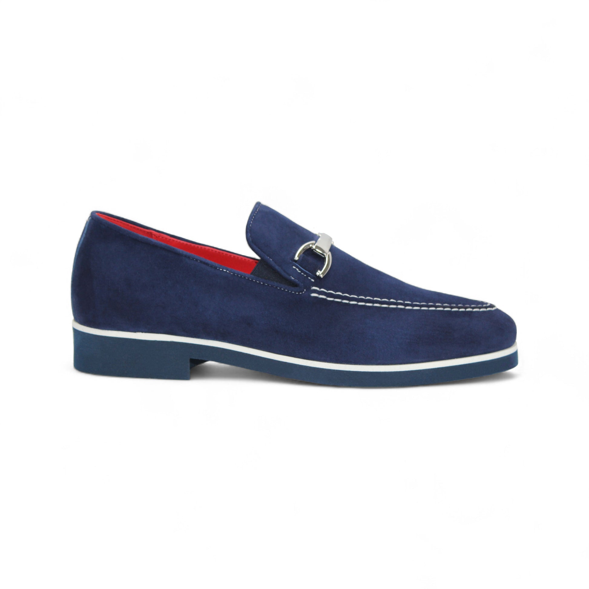 The Emilio Franco Nino II Navy loafer features navy blue suede, white stitching, a silver buckle, and a low heel—an elegant Emilio Franco design shown in side profile against a white background for discerning style.