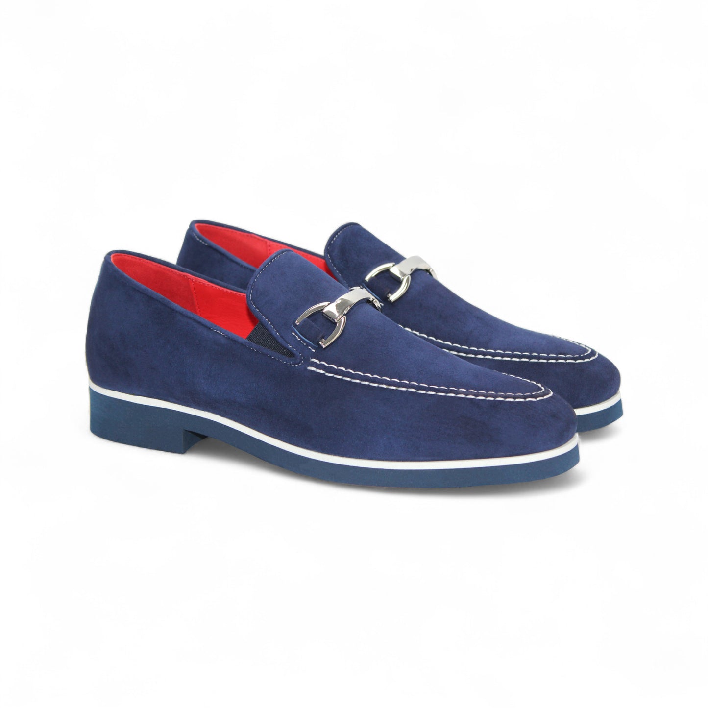 The Emilio Franco Nino II Navy loafer features navy blue suede, white stitching, a silver buckle, and a low heel—an elegant Emilio Franco design shown in side profile against a white background for discerning style.