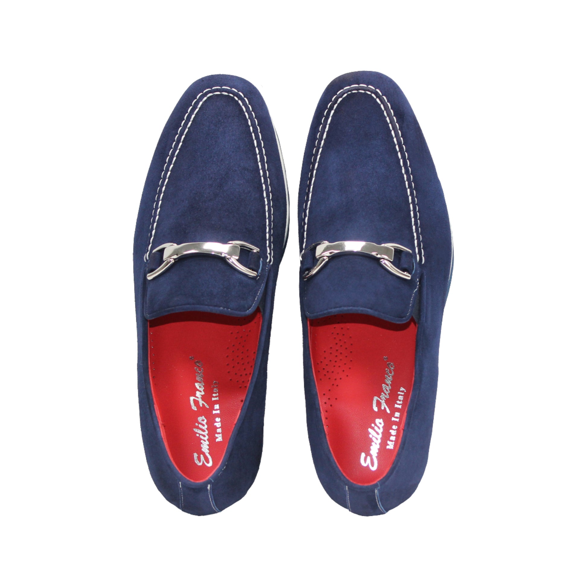 The Emilio Franco Nino II Navy loafer features navy blue suede, white stitching, a silver buckle, and a low heel—an elegant Emilio Franco design shown in side profile against a white background for discerning style.