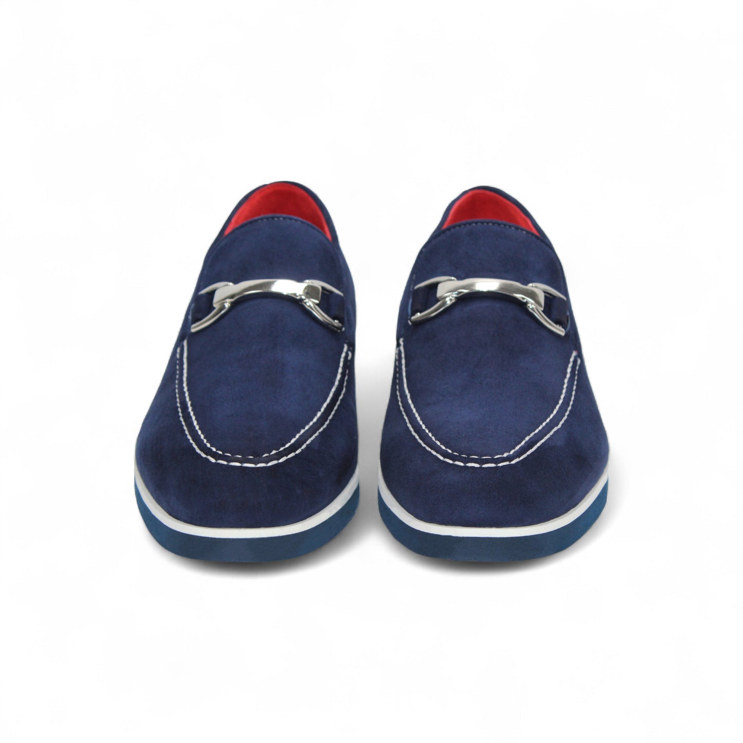 The Emilio Franco Nino II Navy loafer features navy blue suede, white stitching, a silver buckle, and a low heel—an elegant Emilio Franco design shown in side profile against a white background for discerning style.
