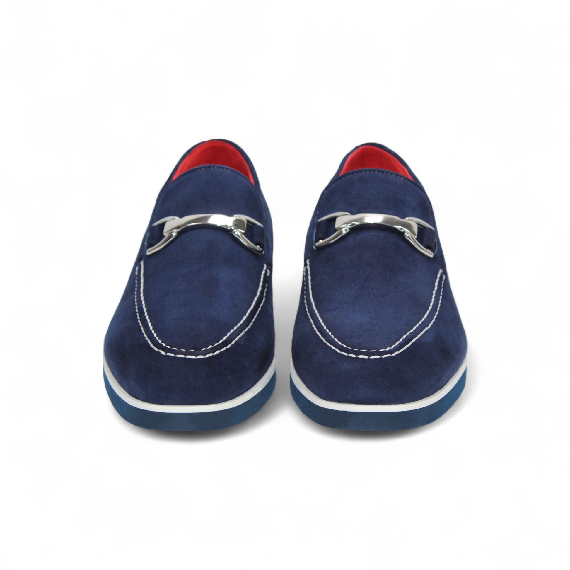 The Emilio Franco Nino II Navy loafer features navy blue suede, white stitching, a silver buckle, and a low heel—an elegant Emilio Franco design shown in side profile against a white background for discerning style.